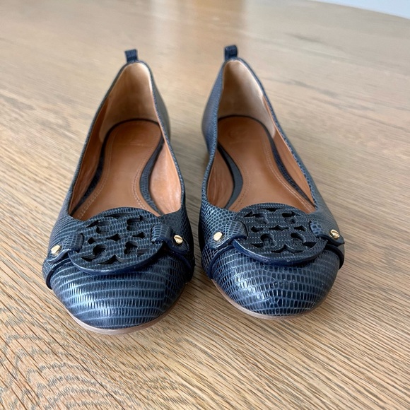 Tory Burch Mini Miller Leather Logo Flats Matte Micro Tejus Print Navy Blue 8.5 - Picture 5 of 13